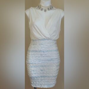 EVENT Delicate Light Blue Cream Sheer Back & Front Open   V Neck Midi Dress.Sz M